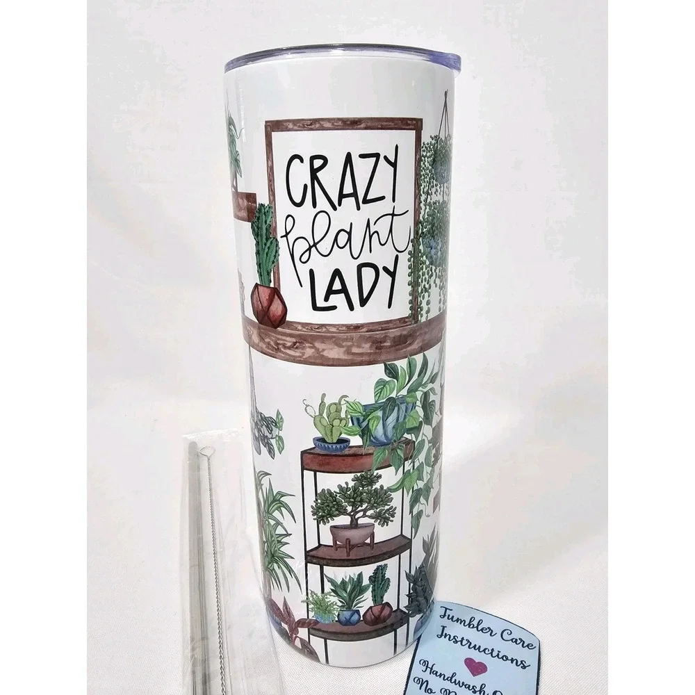 Crazy Plant Lady Print Shelves Flowers Pots 20oz Stainless Steel Skinny Tumbler